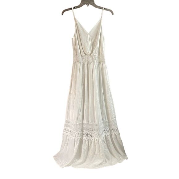 White Boho Maxi Dress Lace Trim Smocked Waist Beachy Size Small NWT - Picture 2 of 11